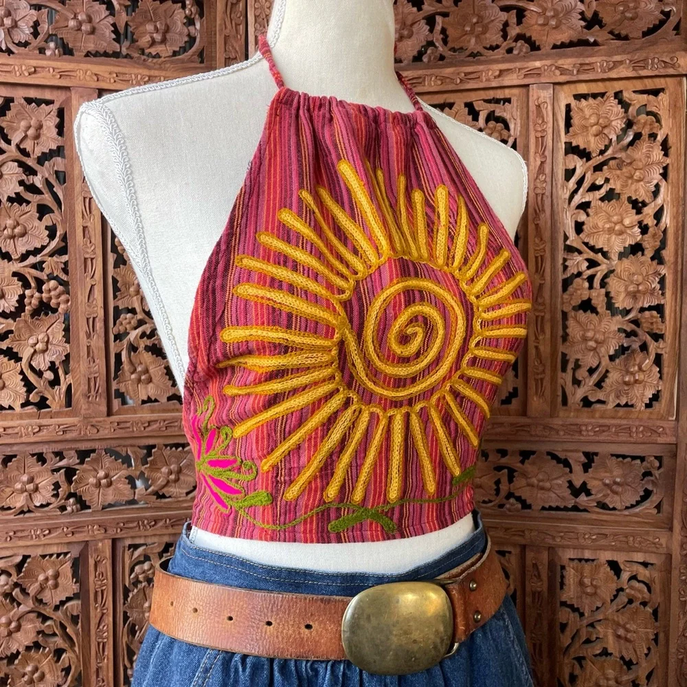 Vintage Coachella Embroidered Striped Red Halter Crop Top Sun & Floral Motif - Picture 5 of 9